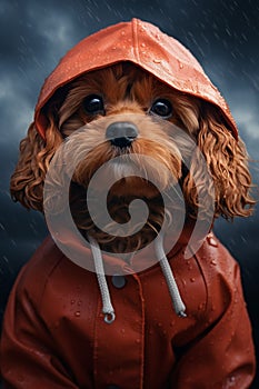 Portrait of brown short hairdog wearing rain coat hood 1