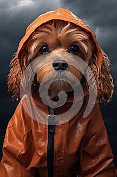 Portrait of brown short hairdog wearing rain coat hood 2