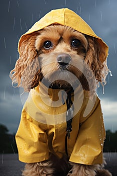 Portrait of brown short hairdog wearing rain coat hood 3