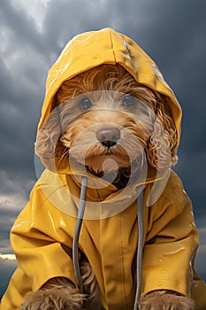 Portrait of brown short hairdog wearing rain coat hood 5