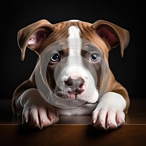 Portrait of brown and white pitbull puppy resting on wood, created using generative ai technology