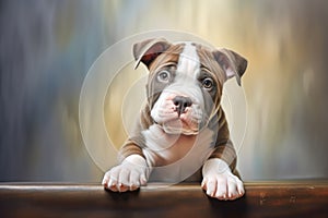 Portrait of brown and white pitbull puppy resting on wood, created using generative ai technology