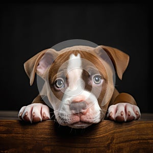 Portrait of brown and white pitbull puppy resting on wood, created using generative ai technology