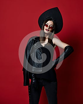 Portrait of brunette woman new fashion sunglasses and Russian traditional style kokoshnik hat