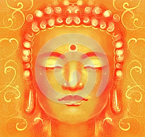 Illustration of a portrait of a buddha. A picture of enlightenment, the religiosity of Buddhism, in orange yellow golden shades