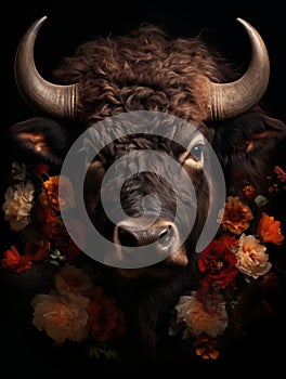 Portrait of a buffalo with flowers and floral arrangements