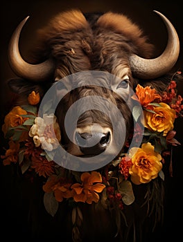 Portrait of a buffalo with flowers and floral arrangements