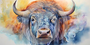 A portrait of a buffalo in watercolor