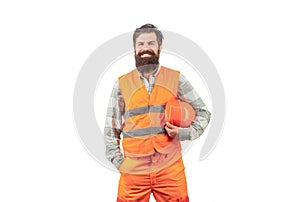 Portrait of a builder smiling. Worker in construction uniform. Man builders, industry. Builder in hard hat, foreman or