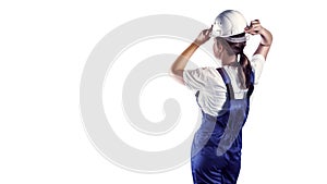 Portrait of a BUILDER on white isolation