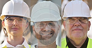 portrait of builders of different ages in a protective helmet looking at the camera while standing at a construction