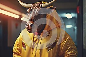 A portrait of a bull in a yellow raincoat and a red cap