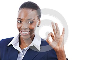 Portrait, business and black woman with okay sign for success at studio isolated on a white background. Face, ok hand