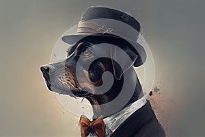 Portrait of a business dog in a hat and suit. AI Generated