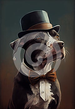 Portrait of a business dog in a hat and suit. AI Generated