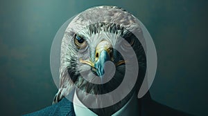 portrait of a business man with a hawk's head in suit, trading and stock investment concept