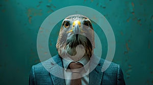 portrait of a business man with a hawk's head in suit, trading and stock investment concept