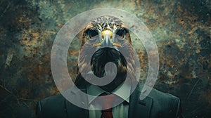 portrait of a business man with a hawk& x27;s head in suit, trading and stock investment concept