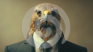 portrait of a business man with a hawk& x27;s head in suit, trading and stock investment concept