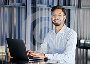 Portrait, business and man with a laptop, typing and connection with digital software, planning and network. Male person