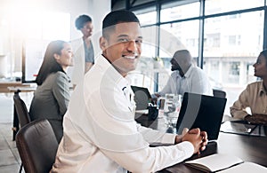 Portrait, business and man in meeting, success and conversation for new project, group and management. Face, male