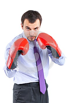 Portrait of a business man in red boxing gloves