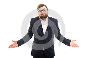 Portrait of business man showing don`t know gesture