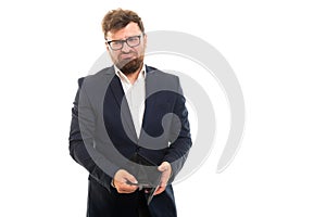 Portrait of business man showing empty wallet gesture