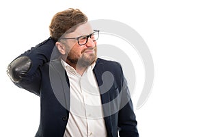 Portrait of business man showing nape pain gesture