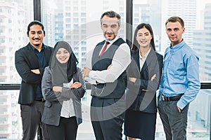 Portrait of business people group having confident in successful job in modern office background. People lifestyl and partnership