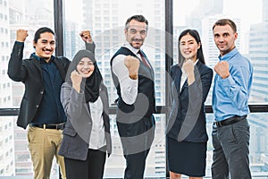 Portrait of business people group having confident in successful job in modern office background. People lifestyl and partnership