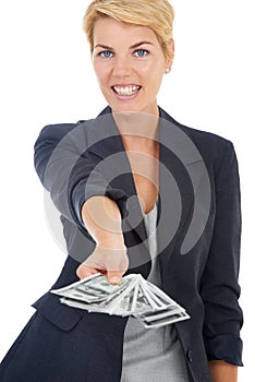 Portrait of business woman with cash offer, dollars and bonus prize giveaway isolated on white background. Money, budget