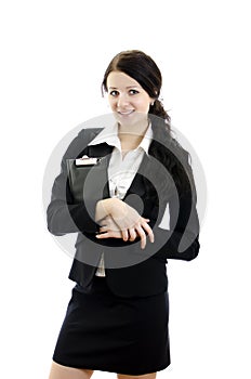 Portrait of business woman with clipboard.