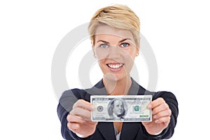 Portrait of business woman with dollar, offer and bonus cash prize giveaway isolated on white background. Money bills