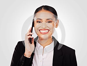 Portrait, business and woman with phone on call for networking, face and digital in studio on white background