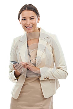 Portrait of business woman with phone in studio for networking, social media or email for communication. Internet