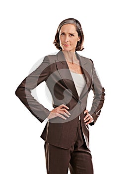 Portrait, business woman and serious akimbo in studio isolated on a white background. Face, boss and mature female ceo