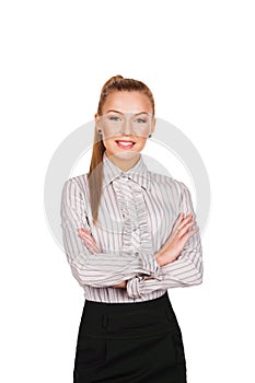 Portrait business woman standing with folded hands