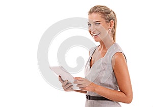 Portrait, business woman and tablet in studio, isolated on white background and mockup space. Happy worker, female model