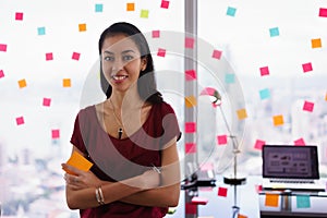 Portrait Business Woman Writing Sticky Notes Smiling At Camera