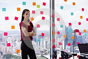 Portrait Business Woman Writing Sticky Notes Smiling Happy