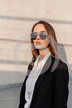 Portrait business young woman in fashionable sunglasses in black fashion elegant jacket in stylish white shirt