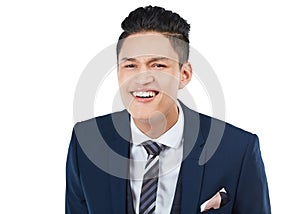 Portrait, businessman or curious facial expression on isolated white background in huh, what or question emoji. Smile