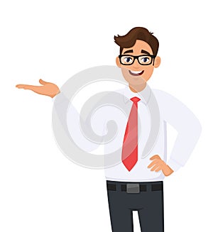 Portrait of businessman showing/pointing hand to copy space side away, hand on hip, concept of advertisement product or introduce. photo