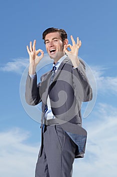 Portrait, businessman and smile with okay sign with sky for decision, choice or option for career. Happy person, male
