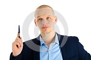 Portrait of Businessman using a pen, having new idea, showing or presenting something. Isolated over white background.