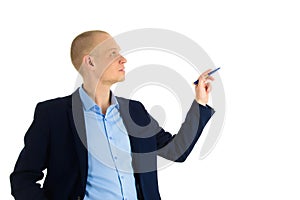 Portrait of Businessman using a pen, writing on invicible board, showing or presenting something. Isolated over white