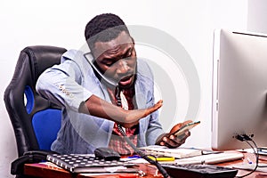 Portrait of a businessman working with telephone and computer