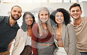 Portrait of businesspeople together. Diverse, smiling businesspeople together. Boss posing with her staff. Group of