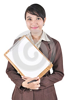 Portrait of businesswoman carrying blank folder